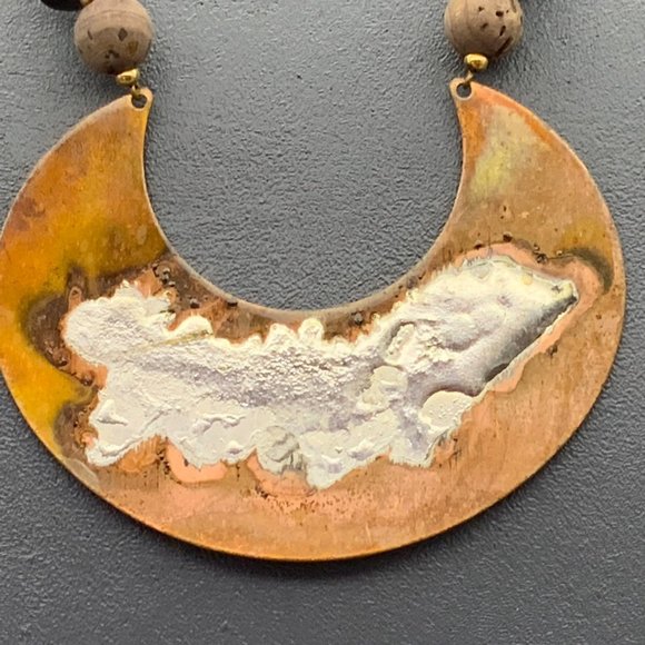 Copper Crescent BoHo Necklace Statement Silver Gold Wood Brown Suede - Picture 2 of 7